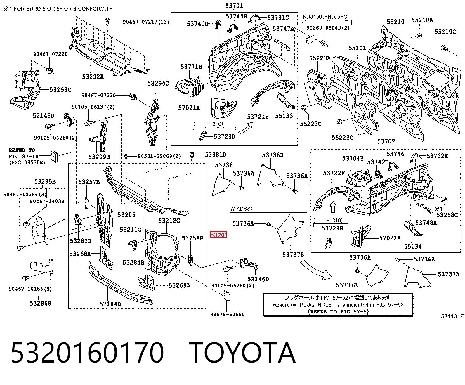 5320160170 Toyota Soporte de radiador completo (panel de montaje para foco)