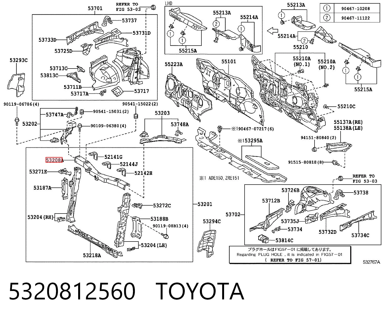 5320812560 Toyota Soporte para radiador superior