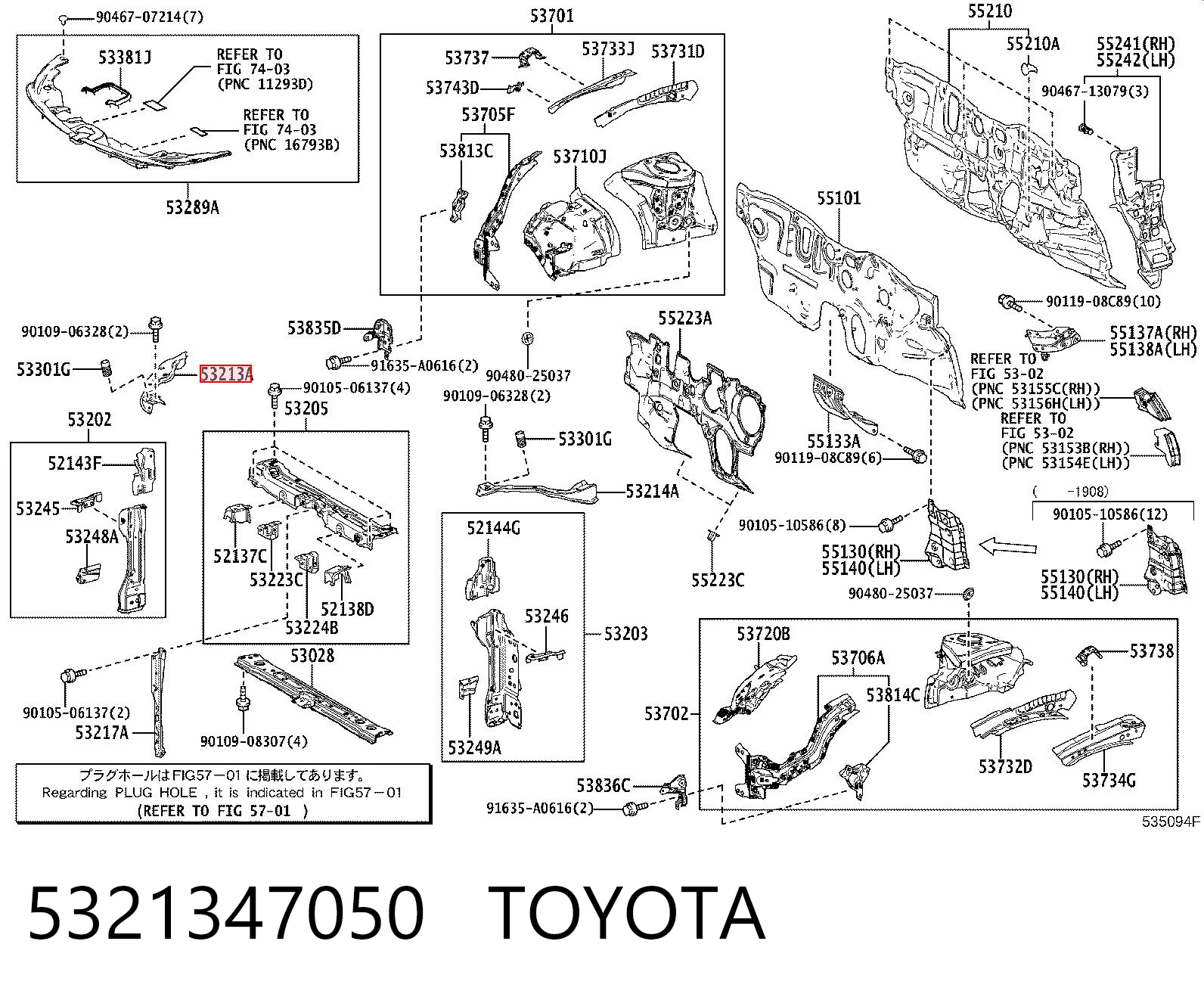 5321347050 Toyota Soporte superior del marco del radiador