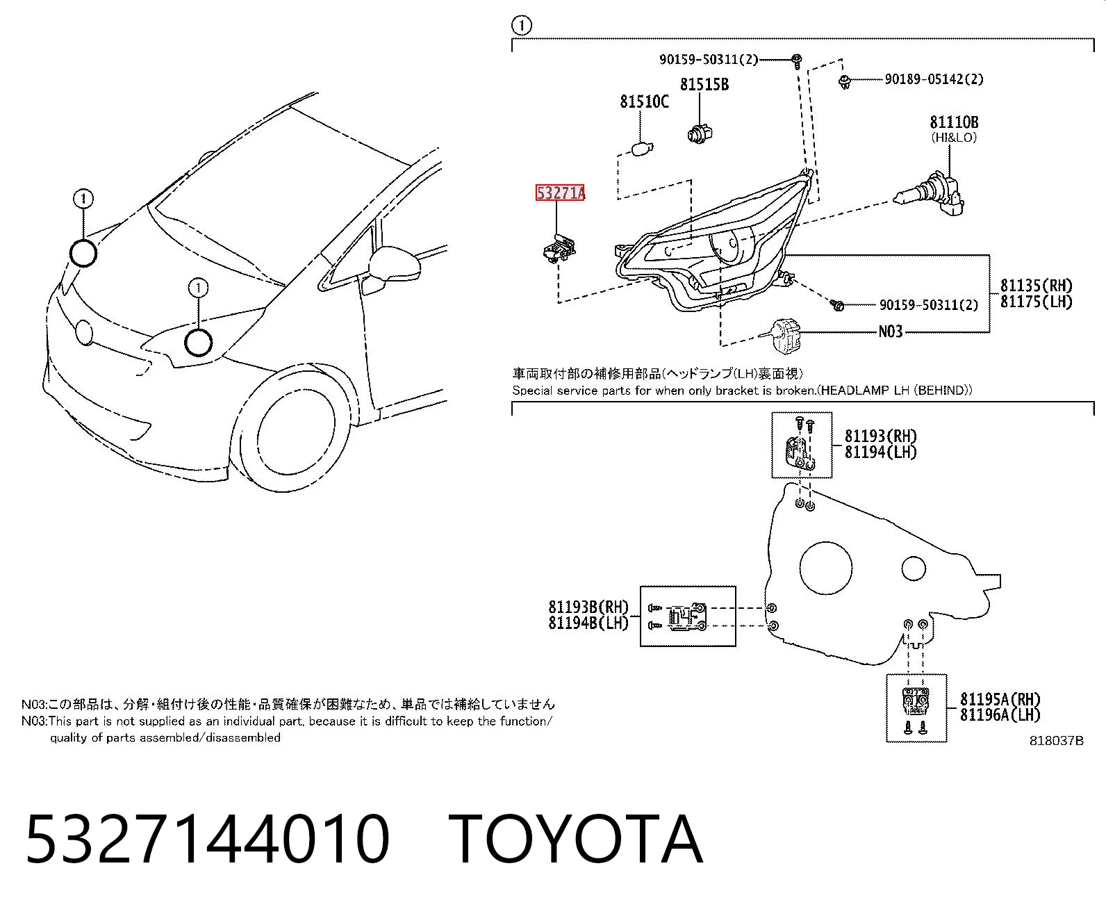 5327144010 Toyota Soporte de montaje del faro delantero
