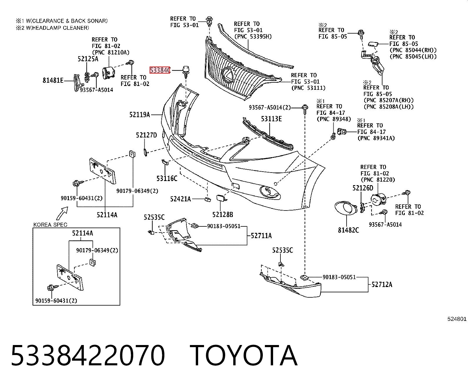 5338422070 Toyota Clip de fijación de la rejilla del radiador al panel