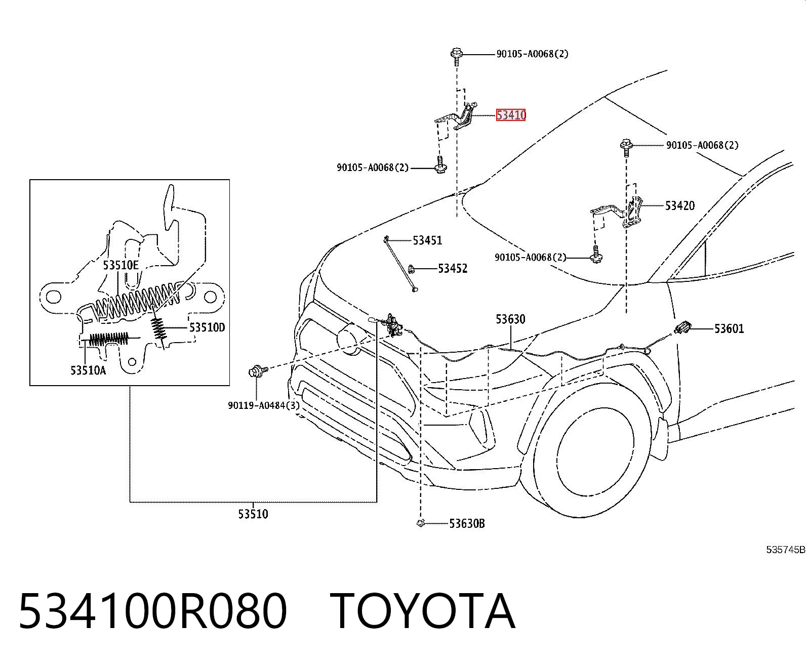 534100R080 Toyota Bisagra de capot derecha