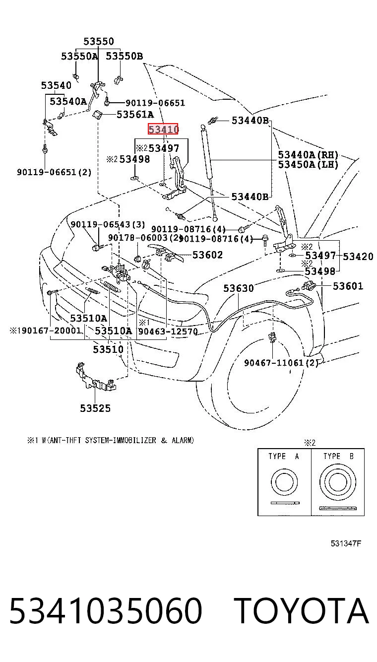 5341035060 Toyota Bisagra de capot derecha