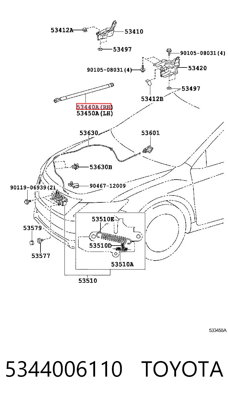 5344006110 Toyota Amortiguador de capó derecho