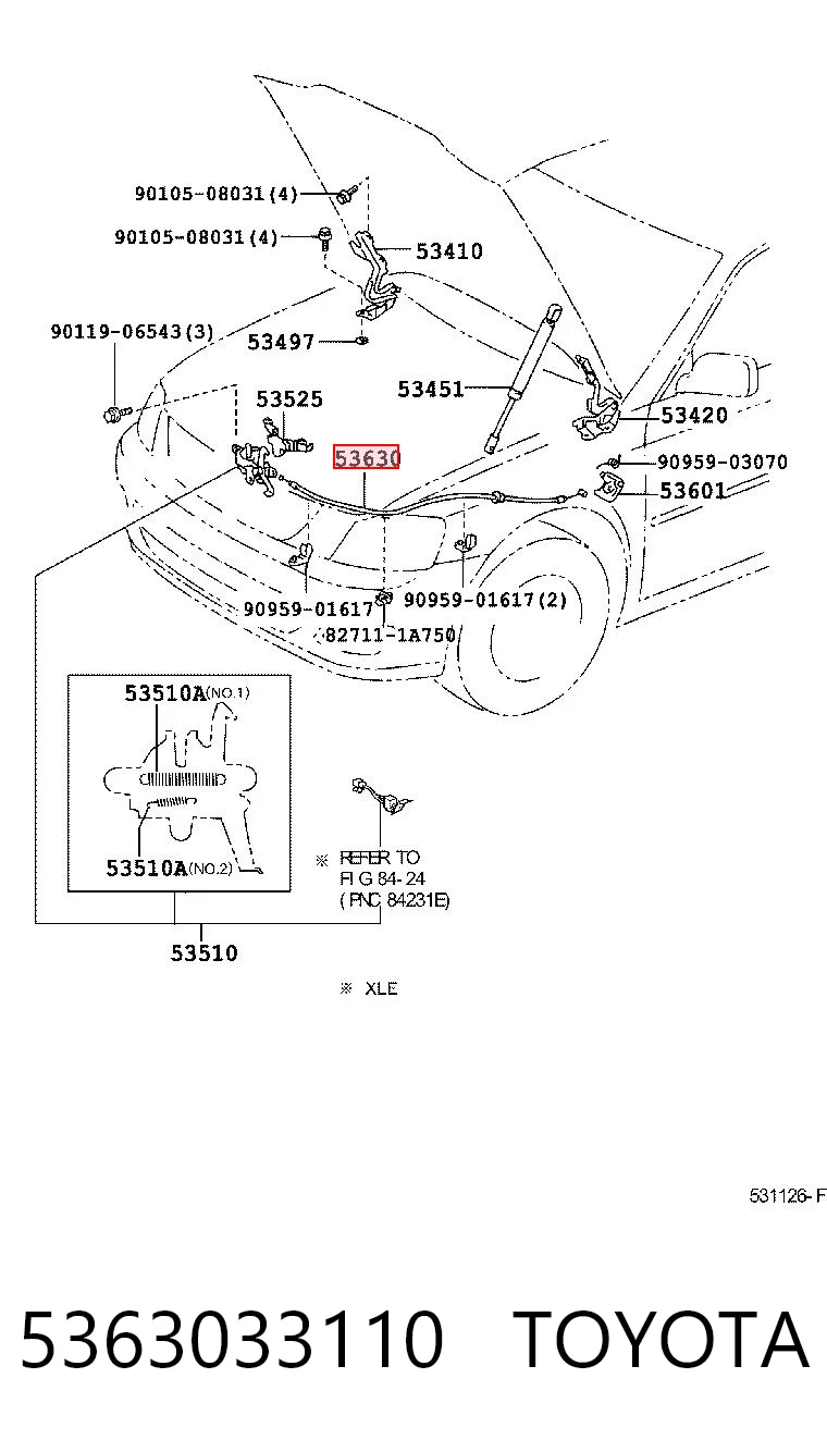 5363033110 Toyota Cable de capó del motor