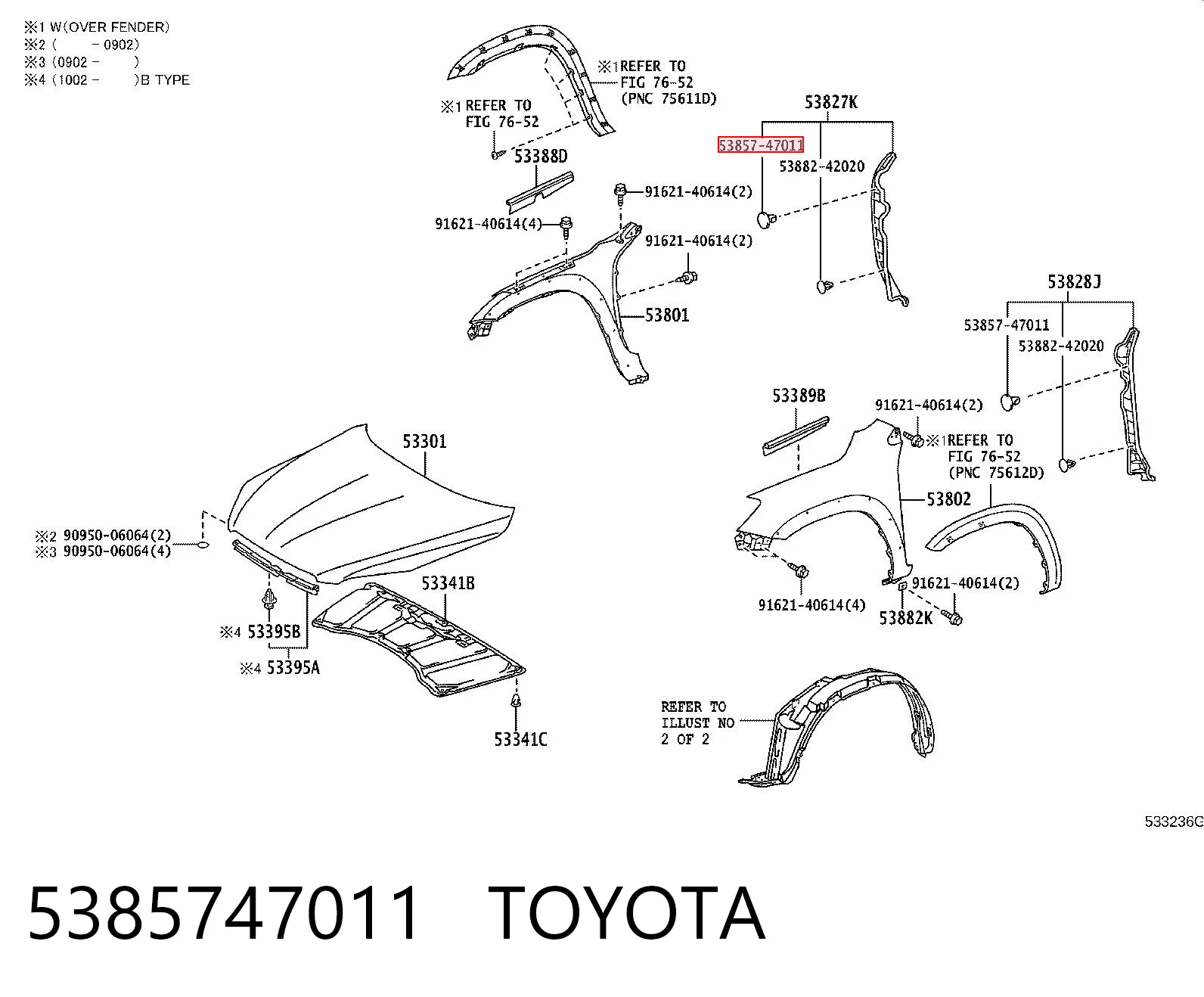5385747011 Toyota Clip de fijación del guardabarros