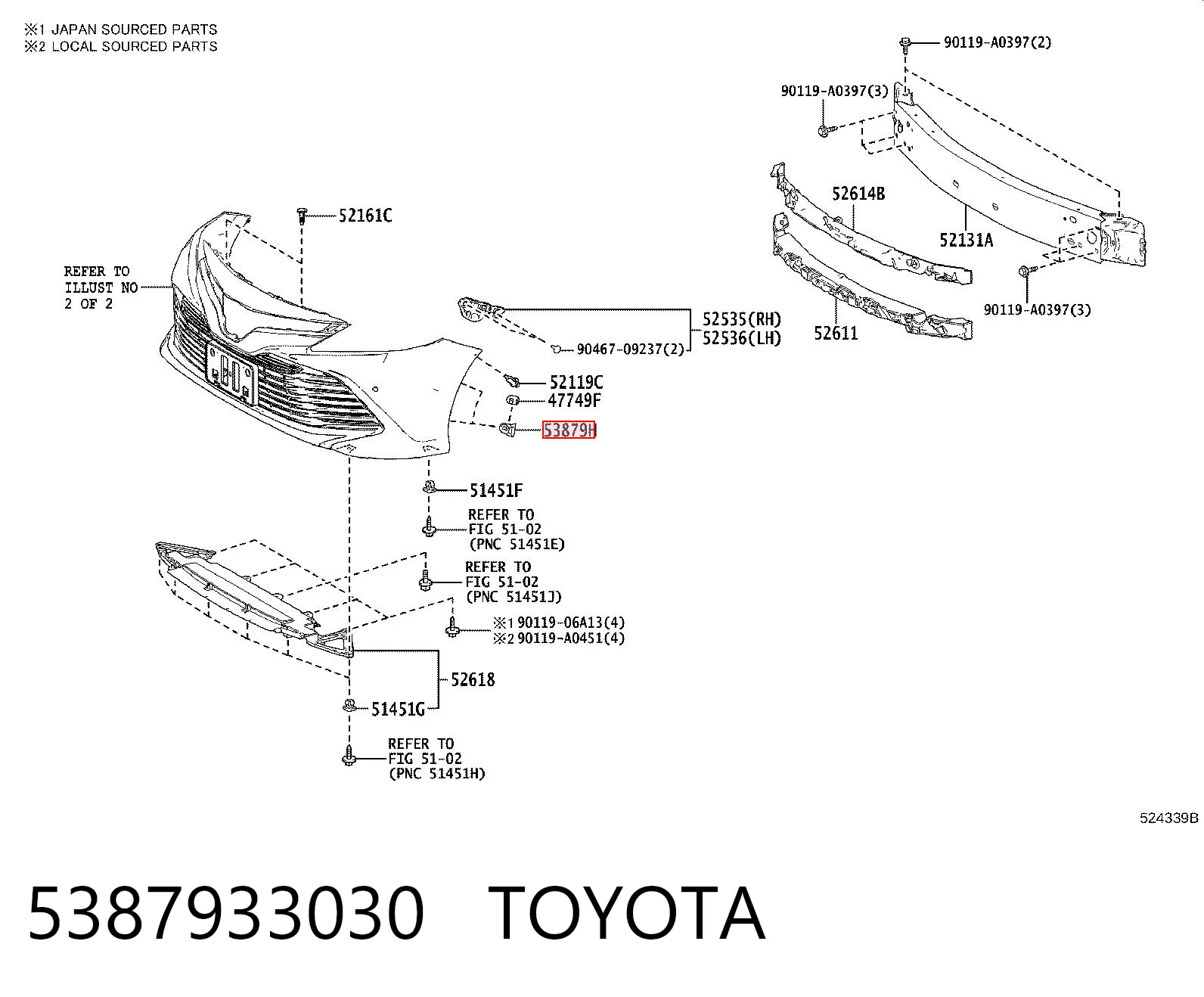 5387933030 Toyota Clip de fijación del guardabarros delantero