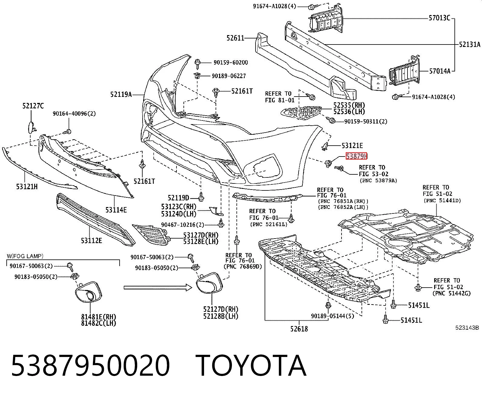 5387950020 Toyota Clip de fijación del guardabarros delantero