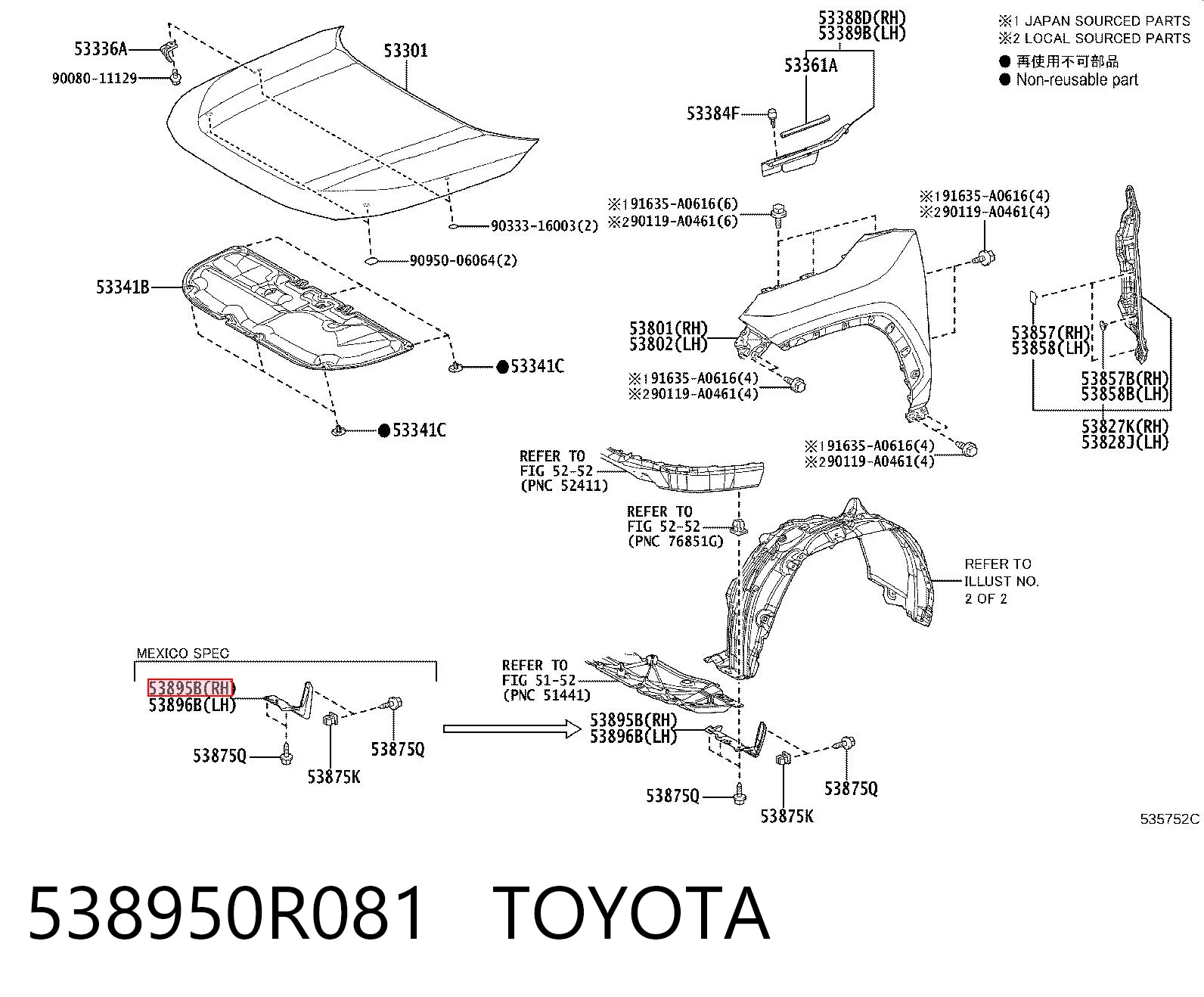 538950R081 Toyota Faldilla derecha del parachoques delantero