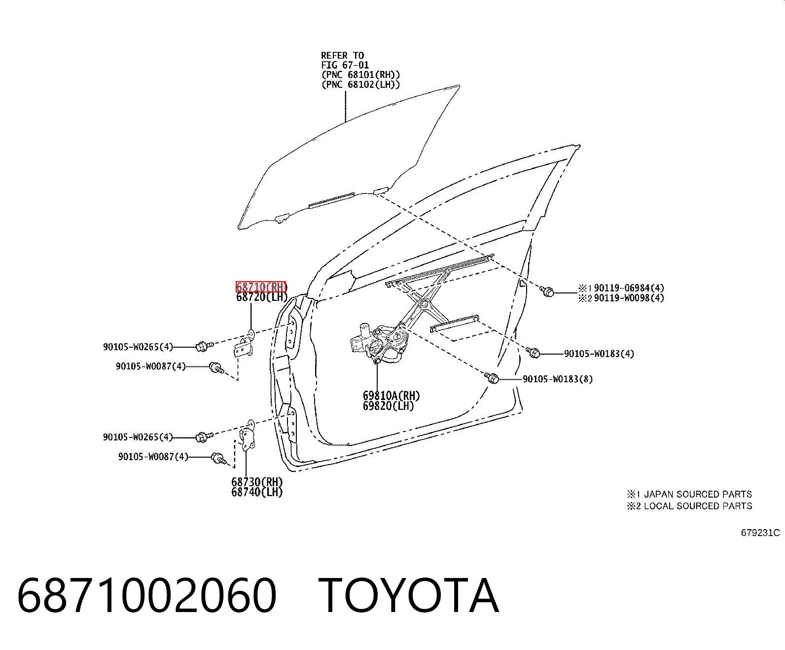 6871002060 Toyota Bisagra de la puerta delantera derecha