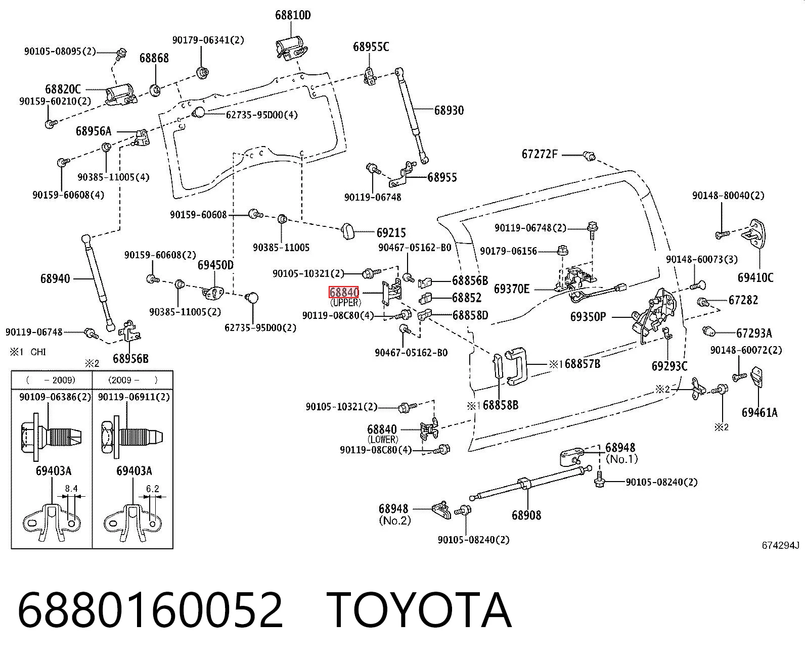 6880160052 Toyota Bisagra inferior izquierda de puerta trasera batiente