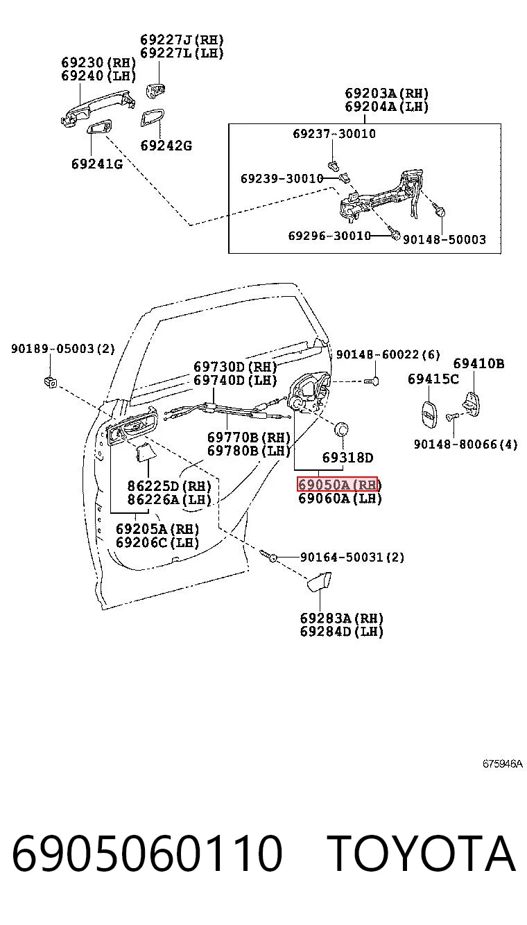 6905060110 Toyota Cerradura de la puerta trasera derecha