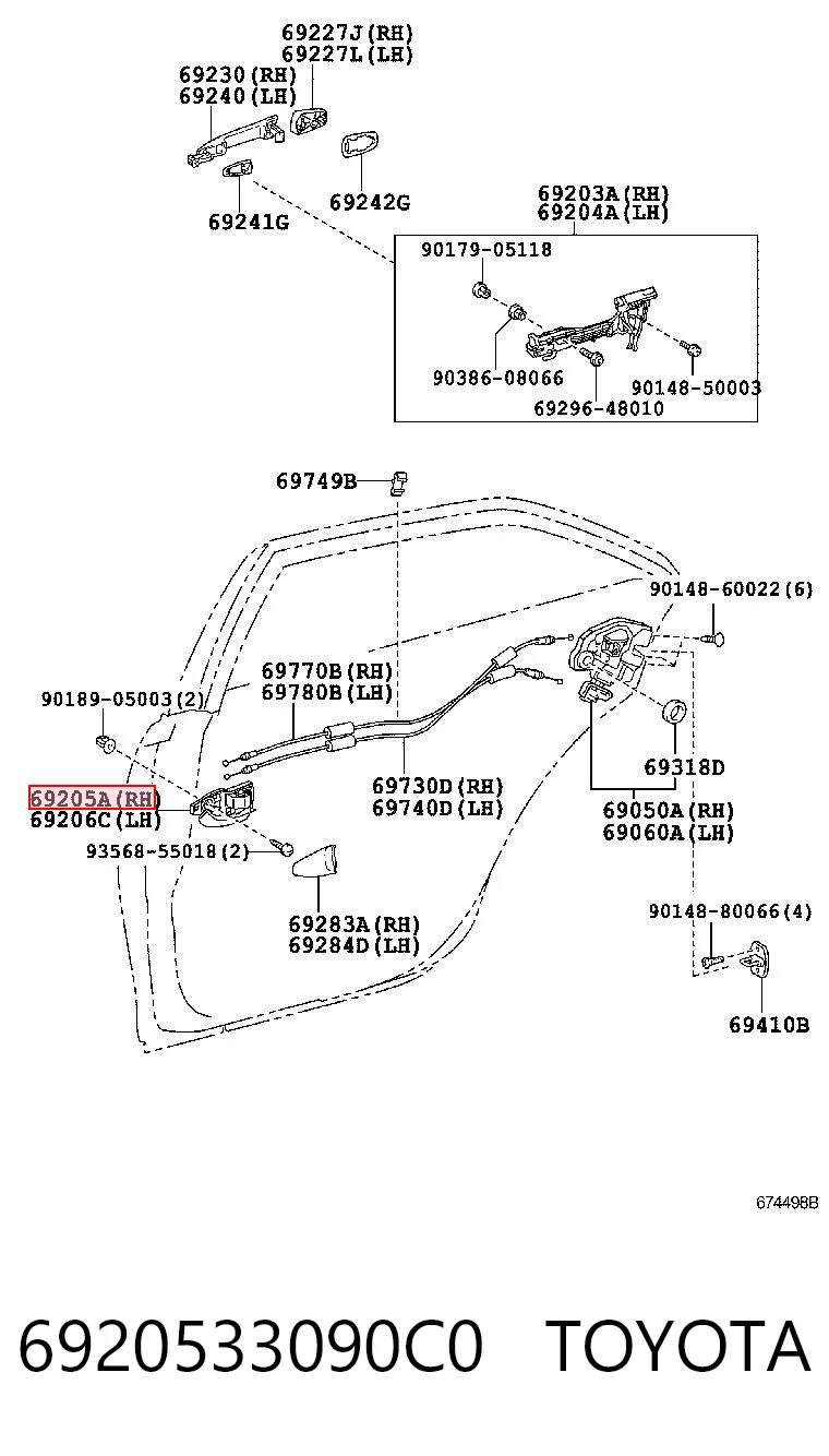 6920533090C0 Toyota Manija interior de puerta delantera derecha