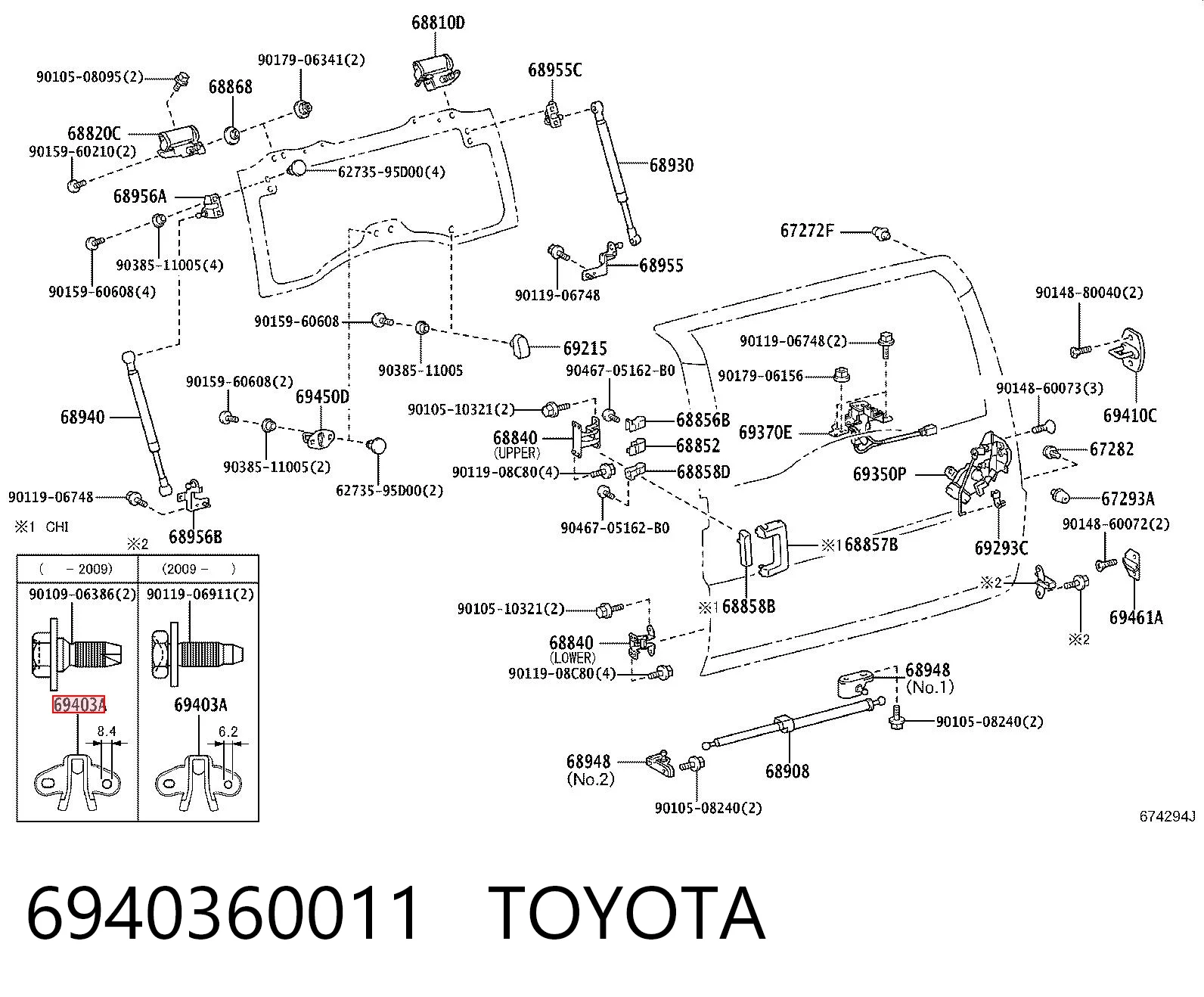 6940360011 Toyota Tope de la tapa del maletero