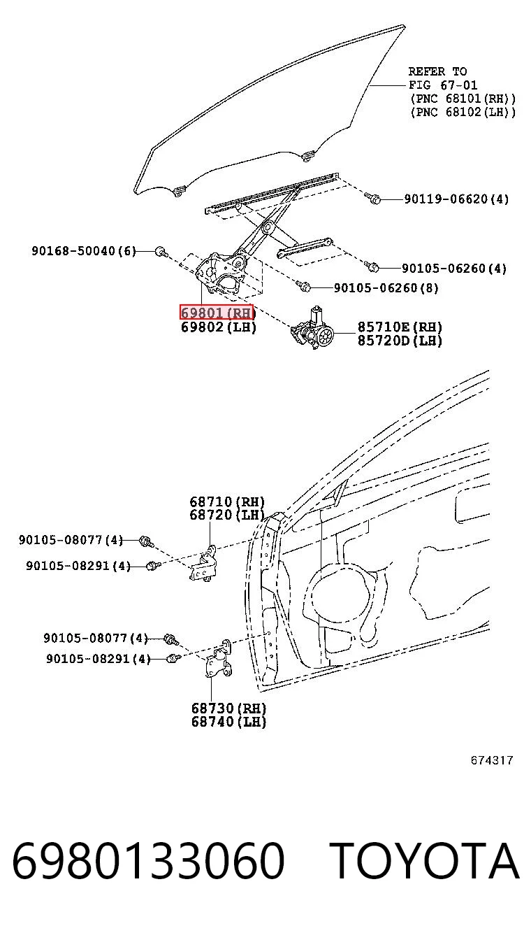 6980133060 Toyota Mecanismo levanta, puerta delantera derecha