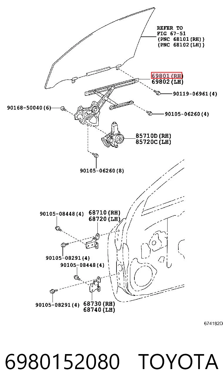 6980152080 Toyota Mecanismo levanta, puerta delantera derecha