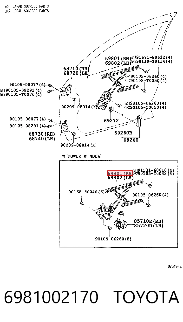 6981002170 Toyota Mecanismo levanta, puerta delantera derecha