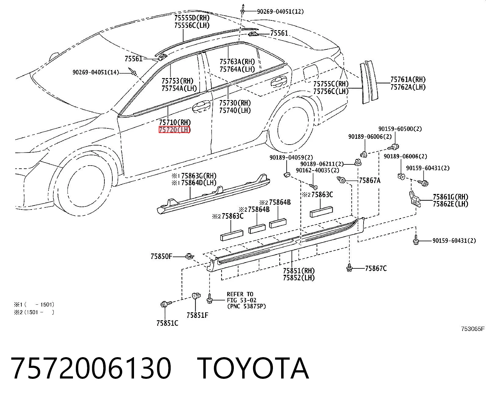 7572006130 Toyota Moldura de cristal de la puerta delantera izquierda