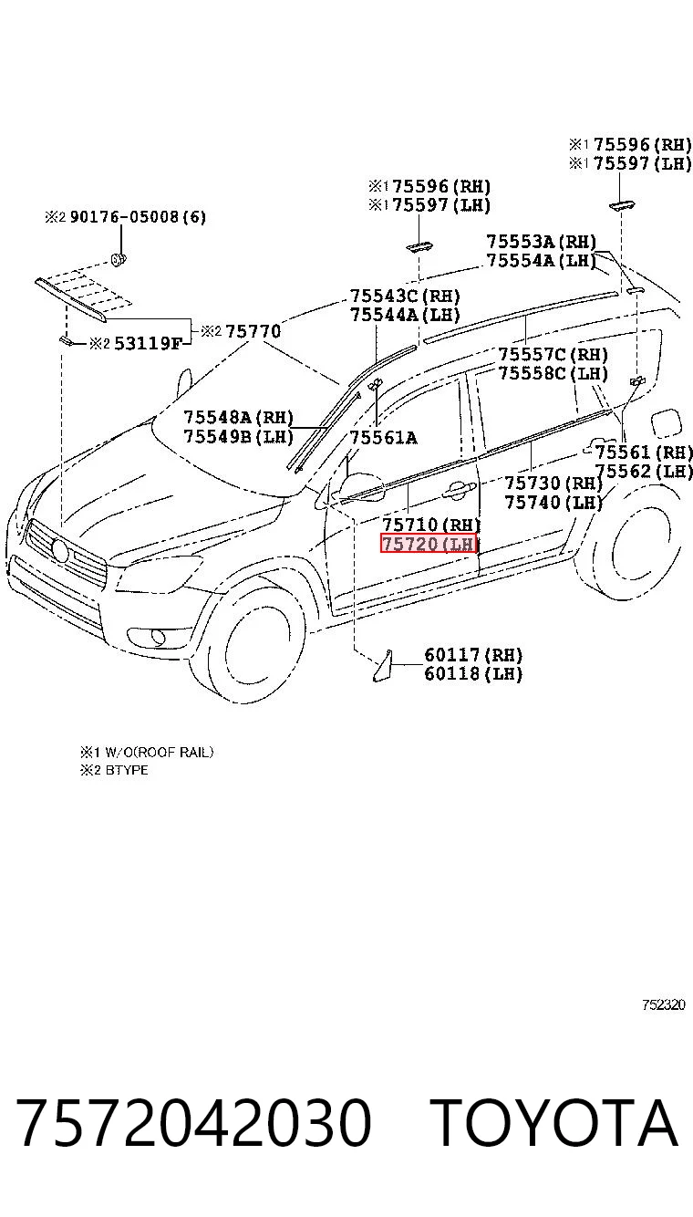 7572042030 Toyota Sellador exterior de vidrio de puerta delantera izquierda