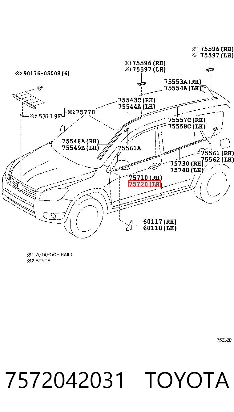 7572042031 Toyota Sellador exterior de vidrio de puerta delantera izquierda