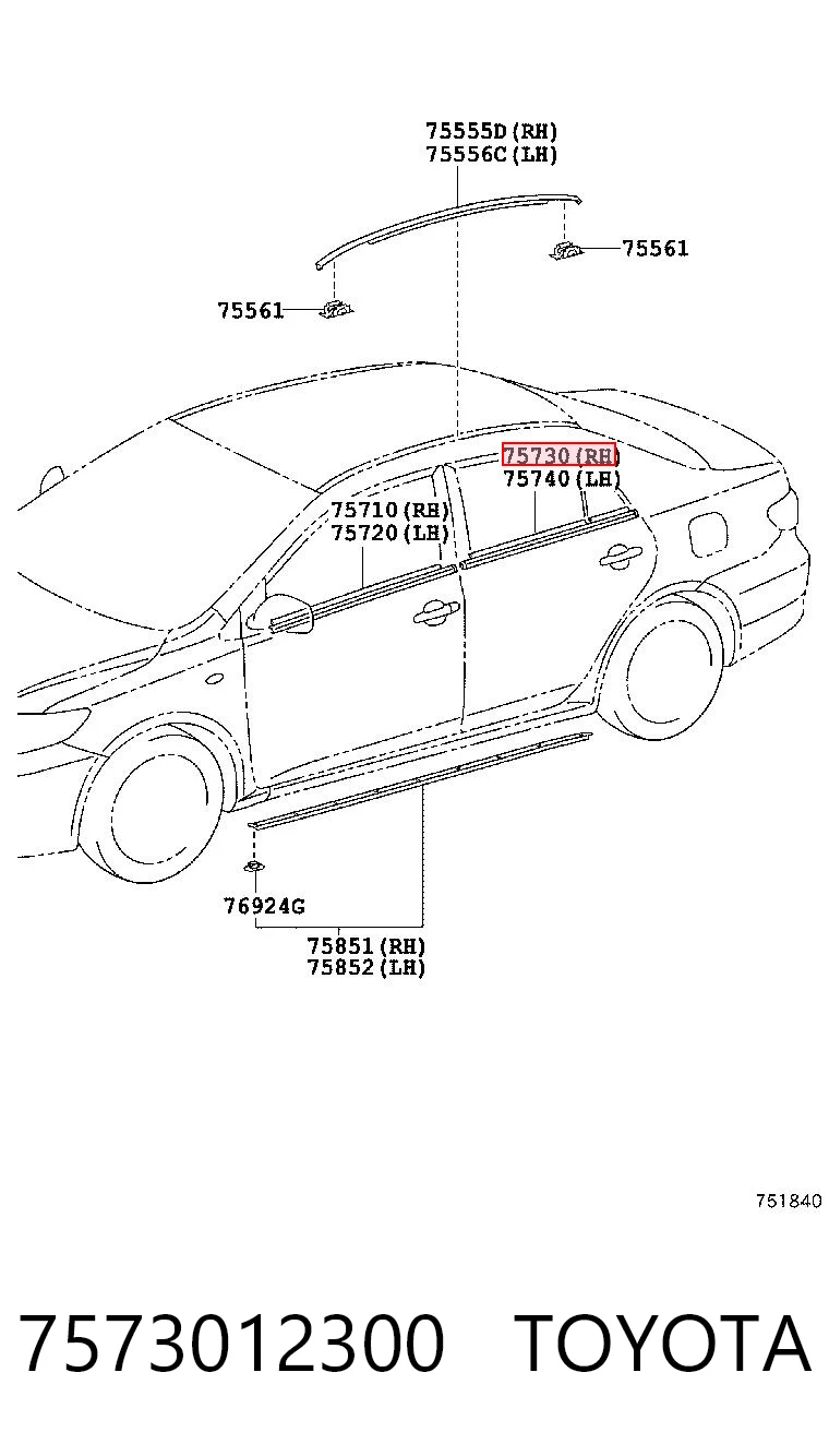 7573012300 Toyota Moldura de cristal de la puerta trasera derecha
