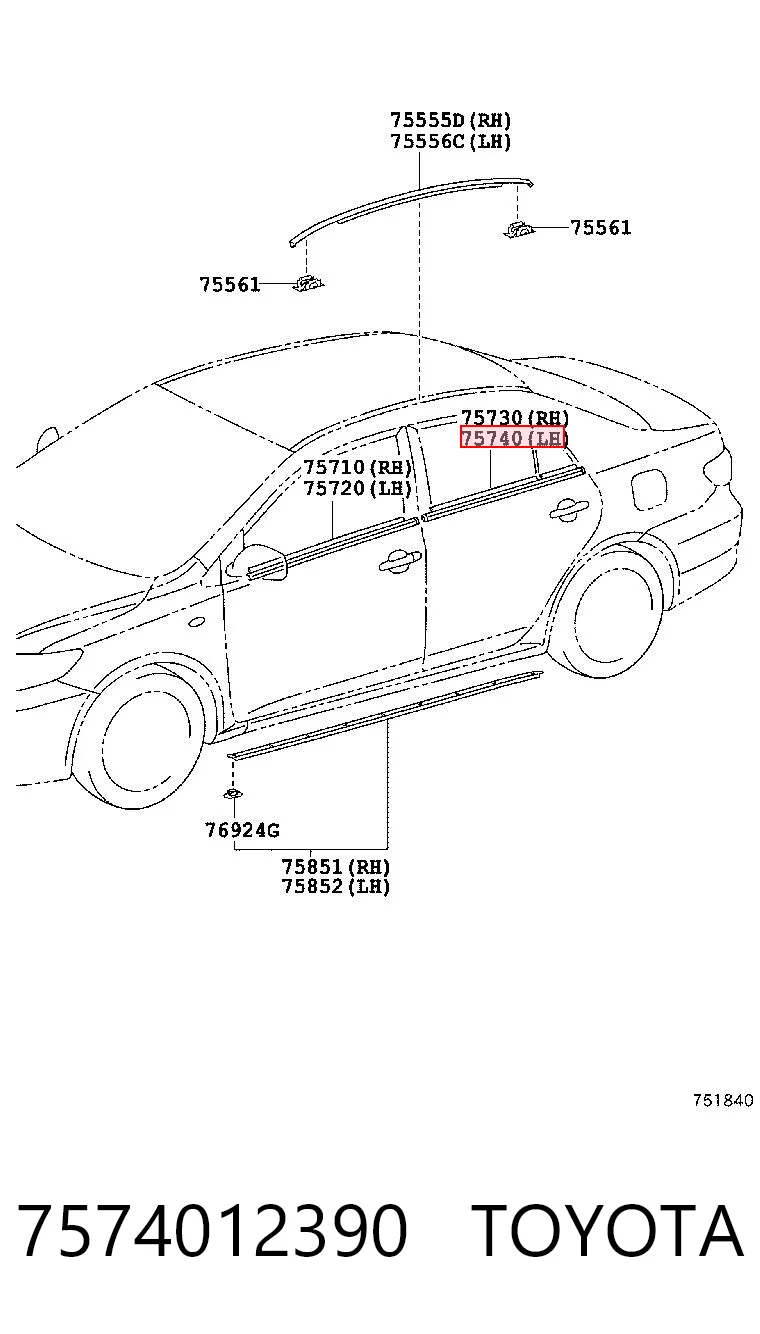 7574012390 Toyota Moldura de cristal de la puerta trasera izquierda