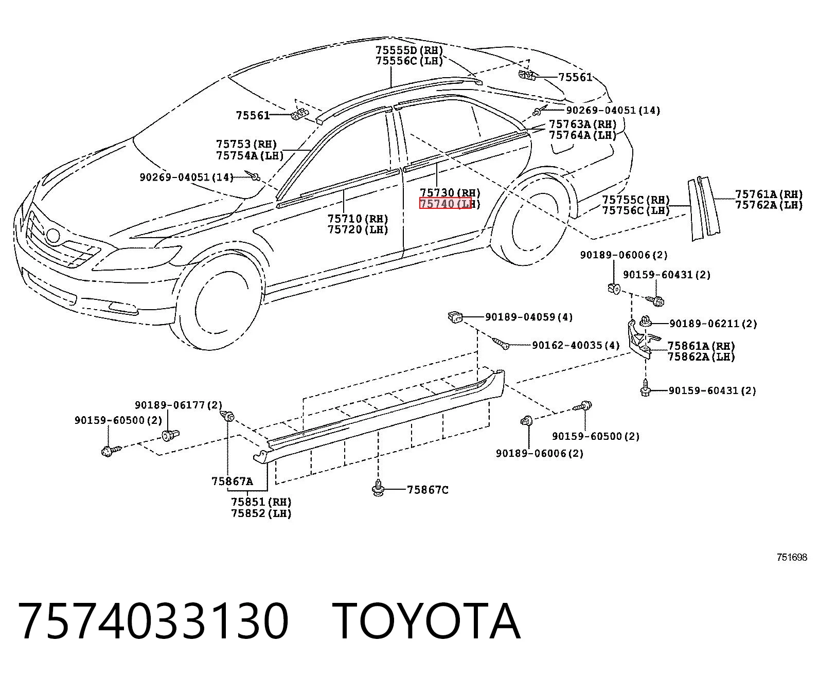 7574033130 Toyota Moldura de cristal de la puerta trasera izquierda