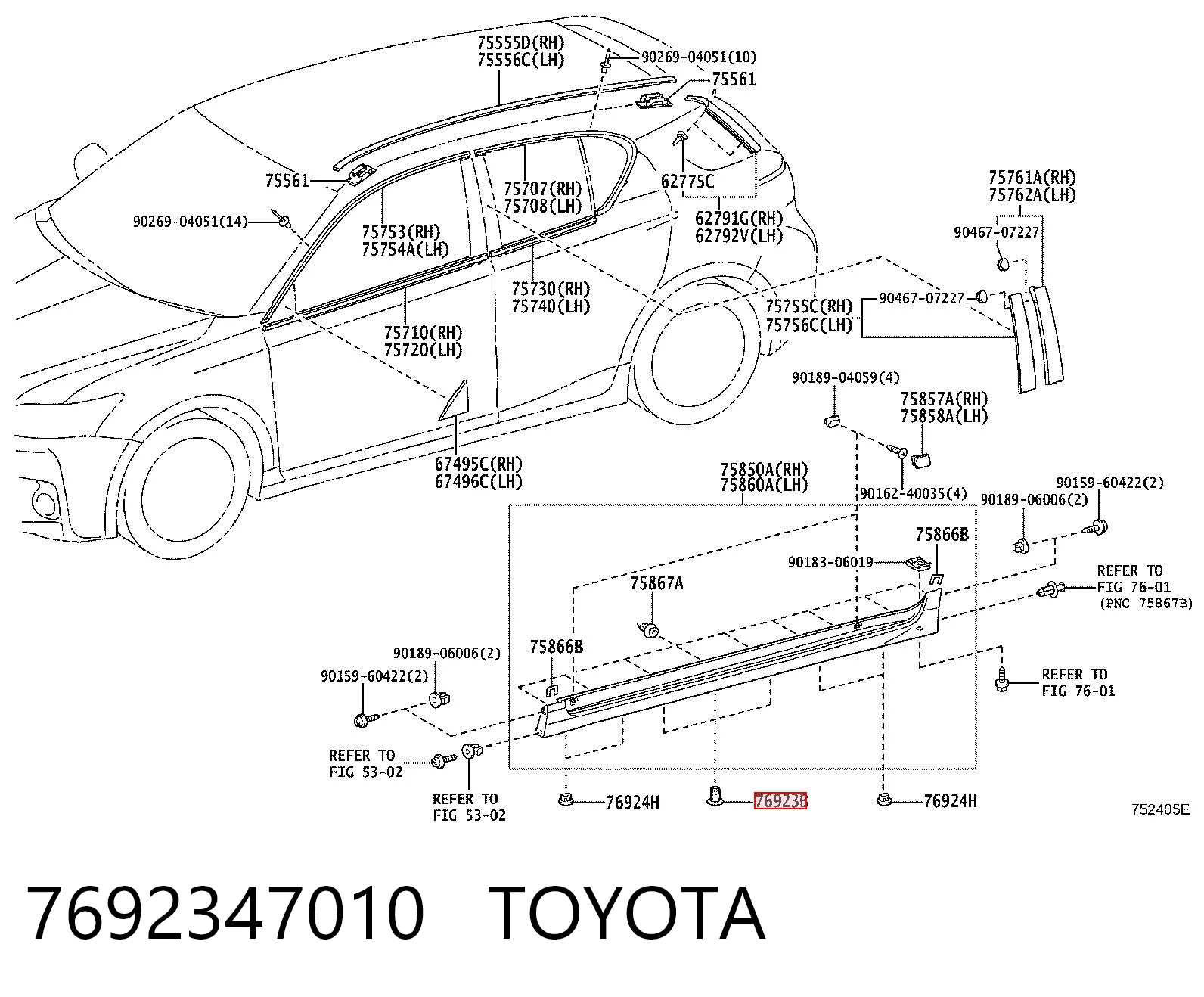 7692347010 Toyota Clip de sujeción de moldura de estribo