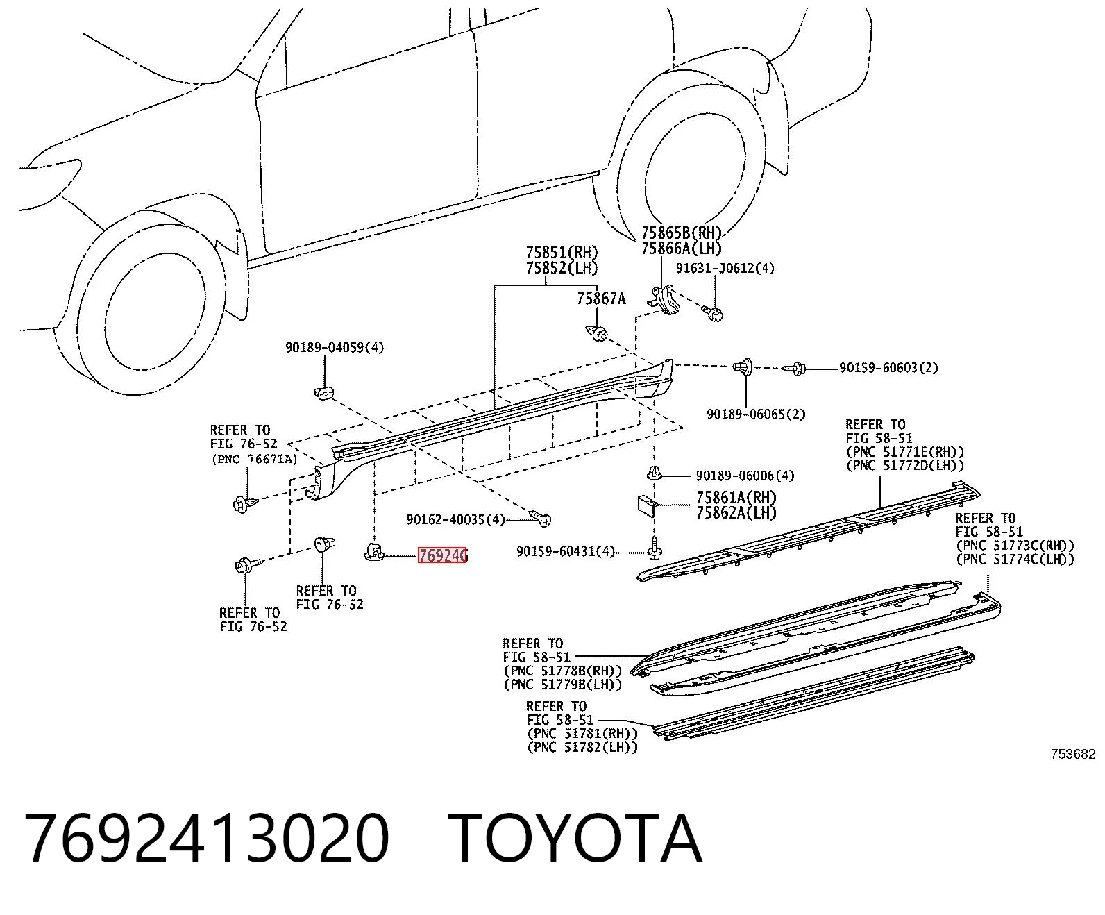 7692413020 Toyota Clip de sujeción de moldura de estribo