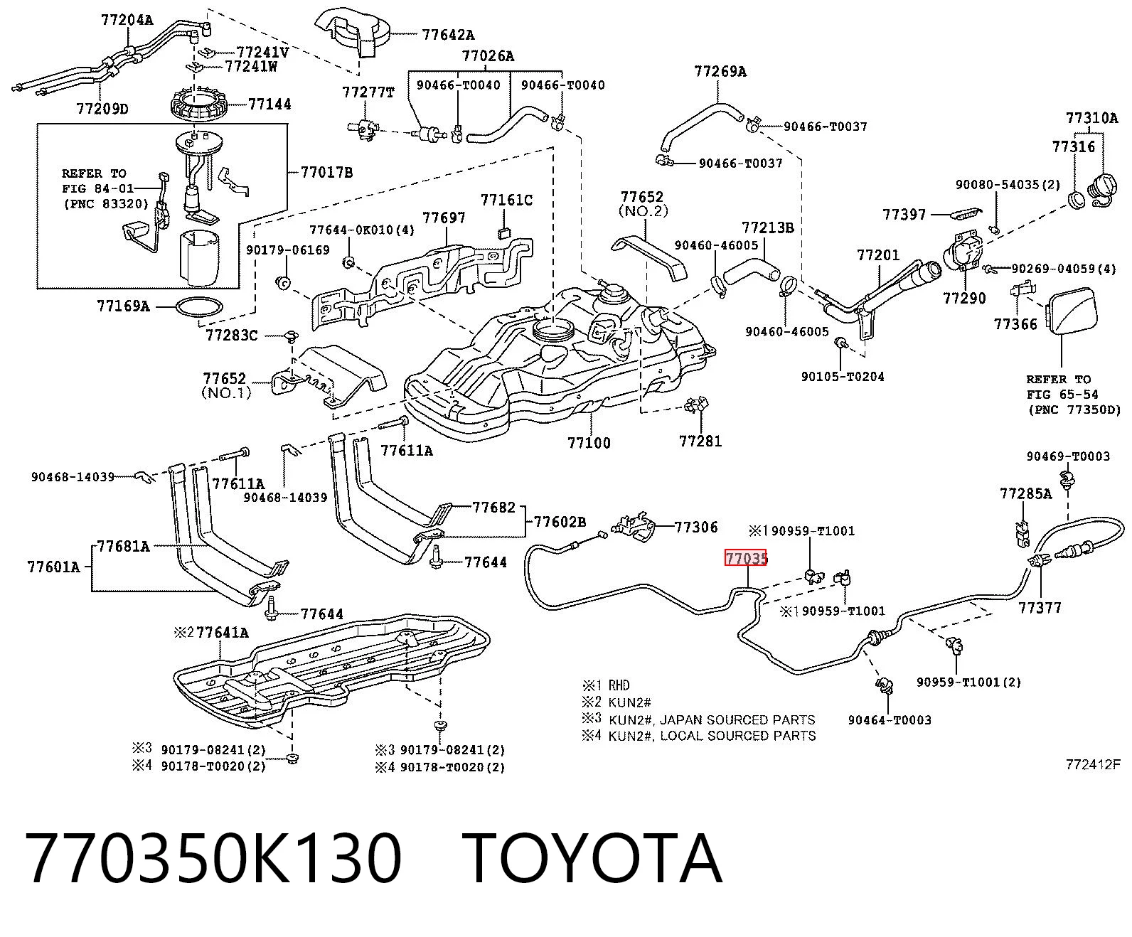 770350K130 Toyota Cable de apertura de tapa del depósito de combustible