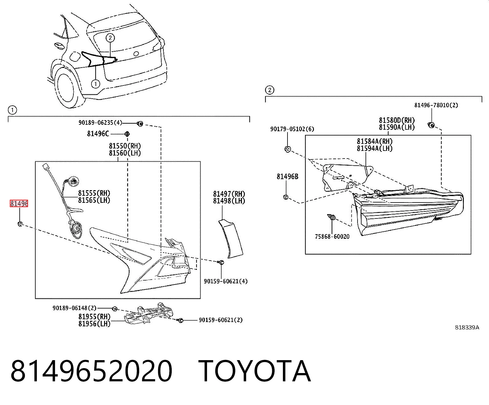 8149652020 Toyota Clip de sujeción de luz trasera