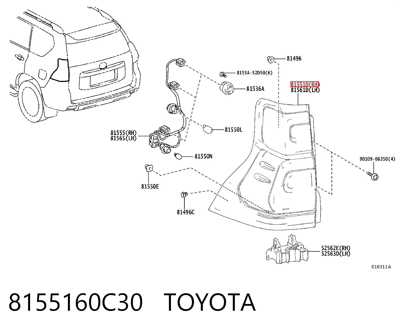 8155160C30 Toyota Piloto trasero derecho