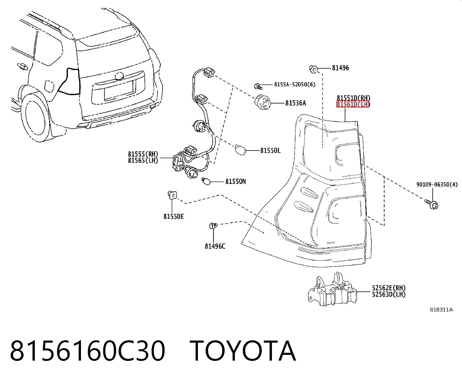 8156160C30 Toyota Piloto trasero izquierdo