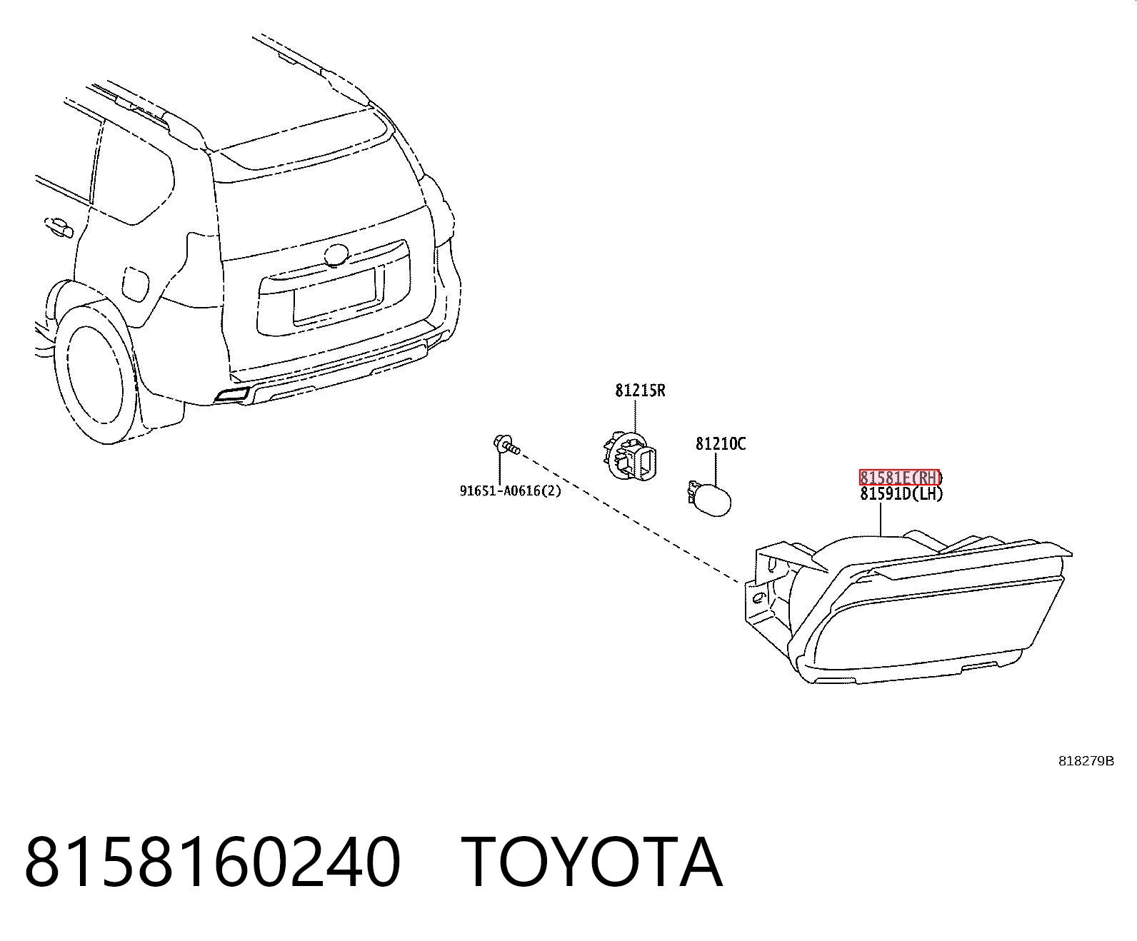 8158160240 Toyota Luz antiniebla trasera derecha