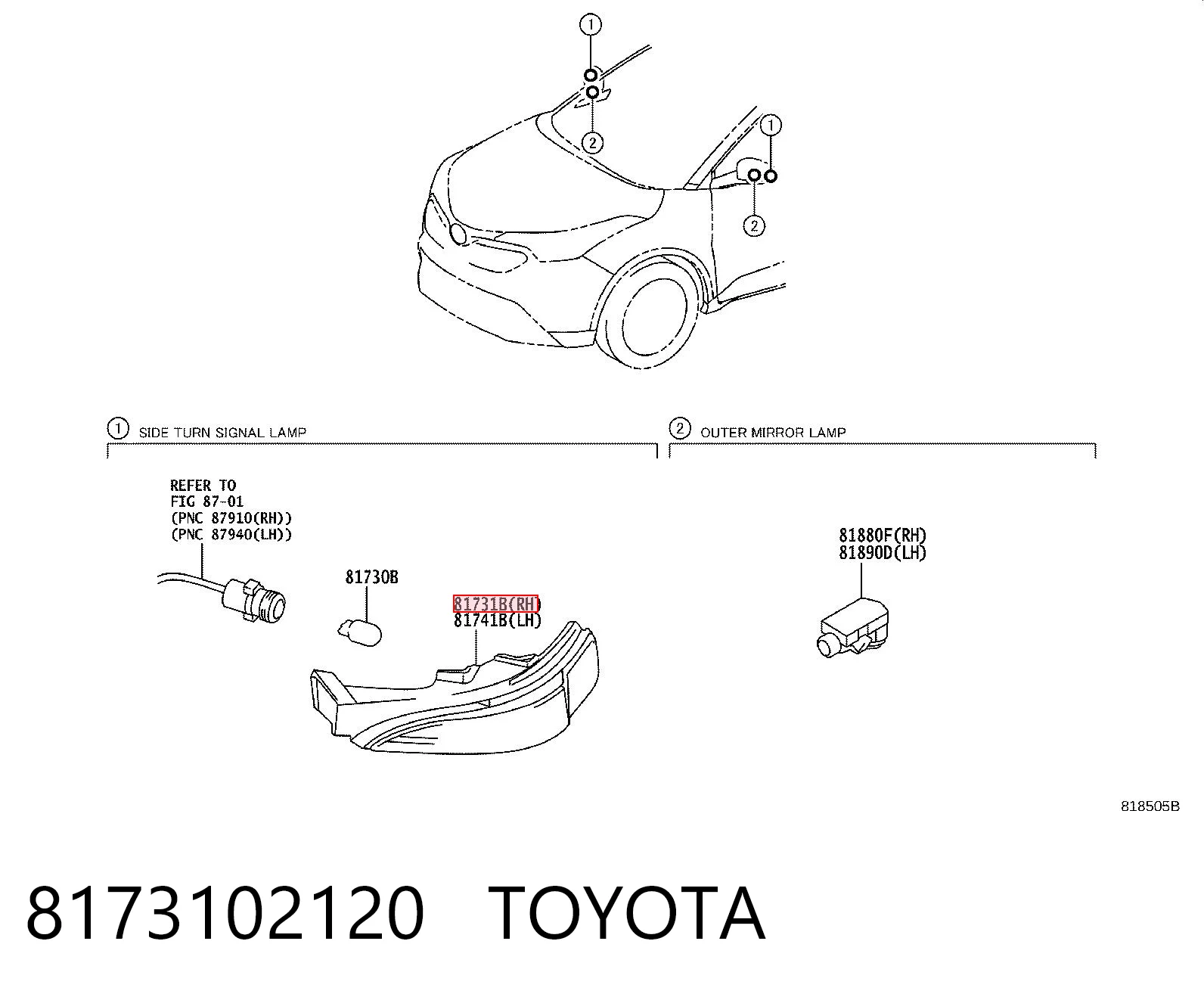 8173102120 Toyota Luz intermitente del espejo retrovisor derecho