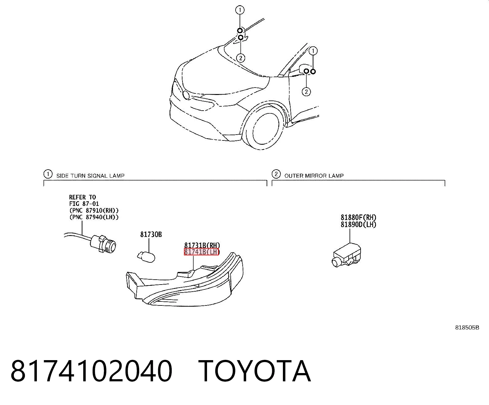 8174102040 Toyota Luz intermitente de espejo retrovisor izquierdo