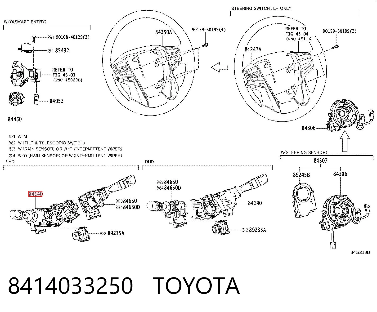 8414033250 Toyota Conmutador izquierdo de la columna de dirección