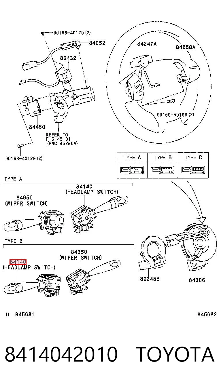 8414042010 Toyota Conmutador izquierdo de la columna de dirección