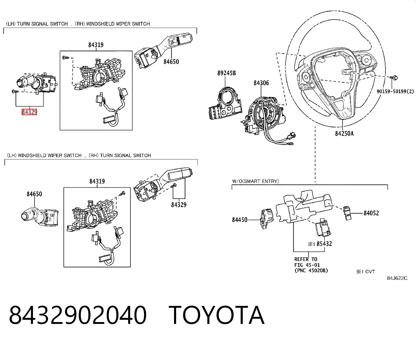 8432902040 Toyota Conmutador izquierdo de la columna de dirección