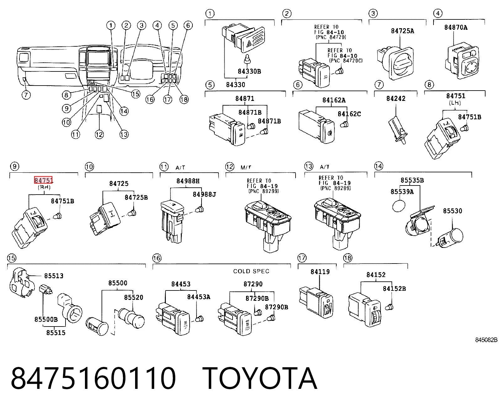 8475160110 Toyota Botón de encendido de calefacción del asiento