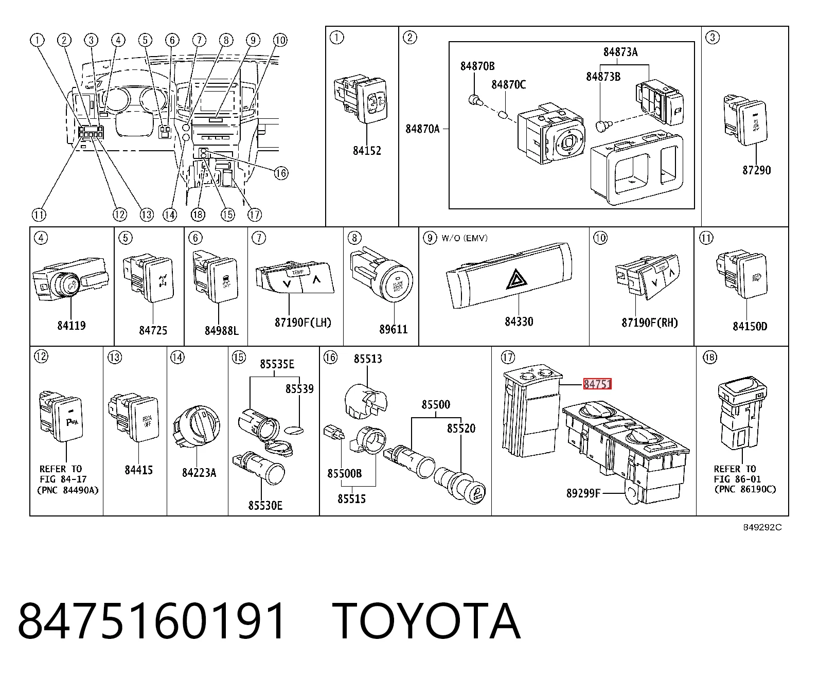 8475160191 Toyota Botón de encendido de calefacción del asiento