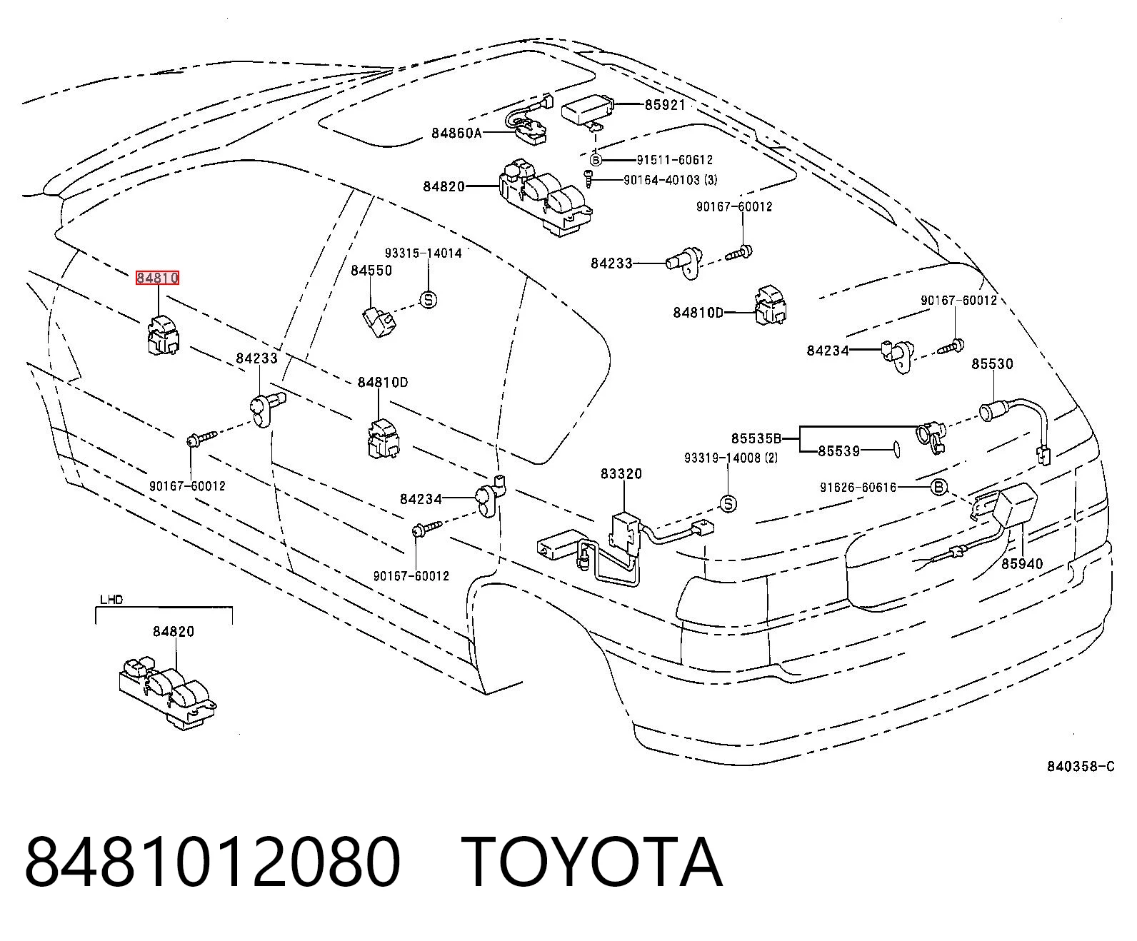 8481012080 Toyota Botón de encendido, motor eléctrico, elevalunas, puerta delantera derecha