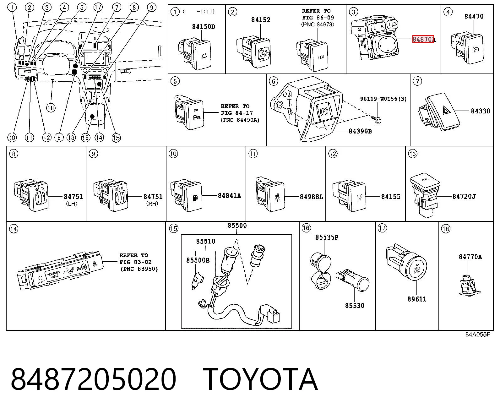 8487205020 Toyota Módulo de espejos retrovisores, salpicadero
