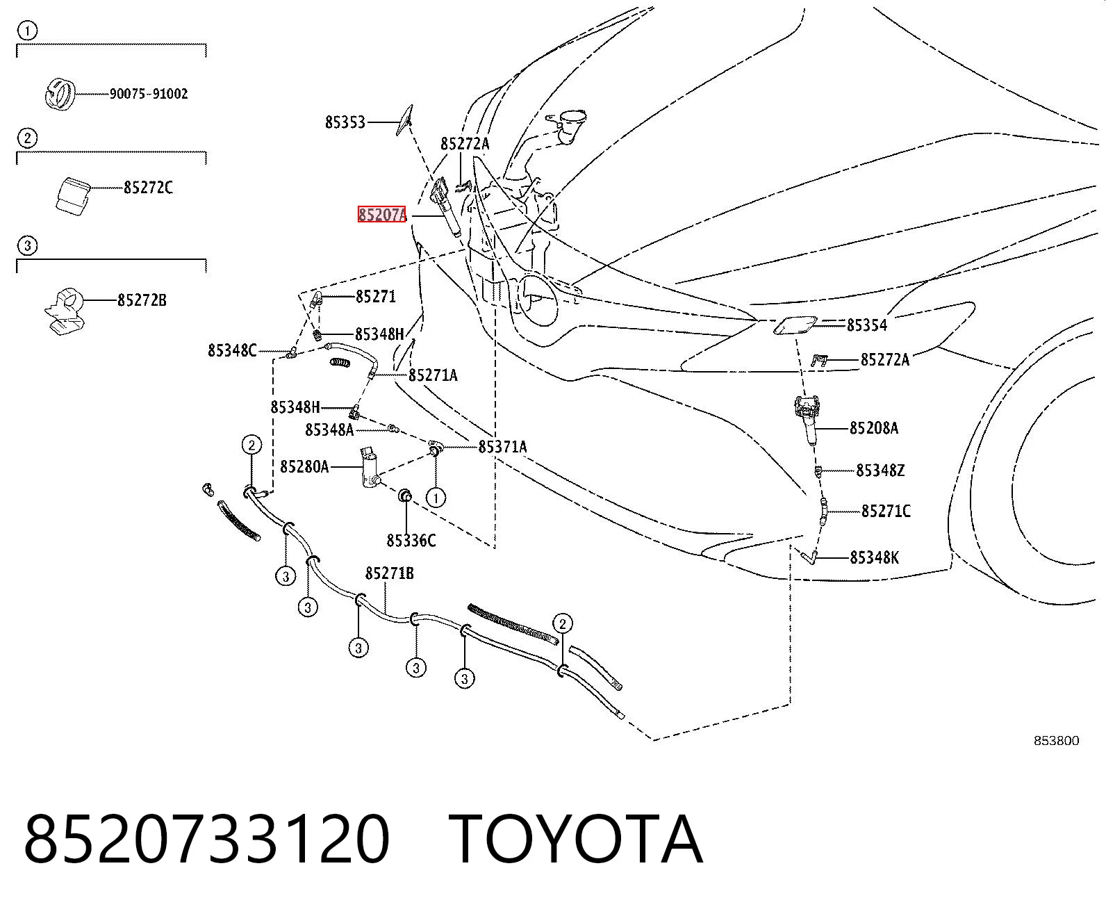 8520733120 Toyota Soporte de inyector del lavafaros (cilindro elevador)