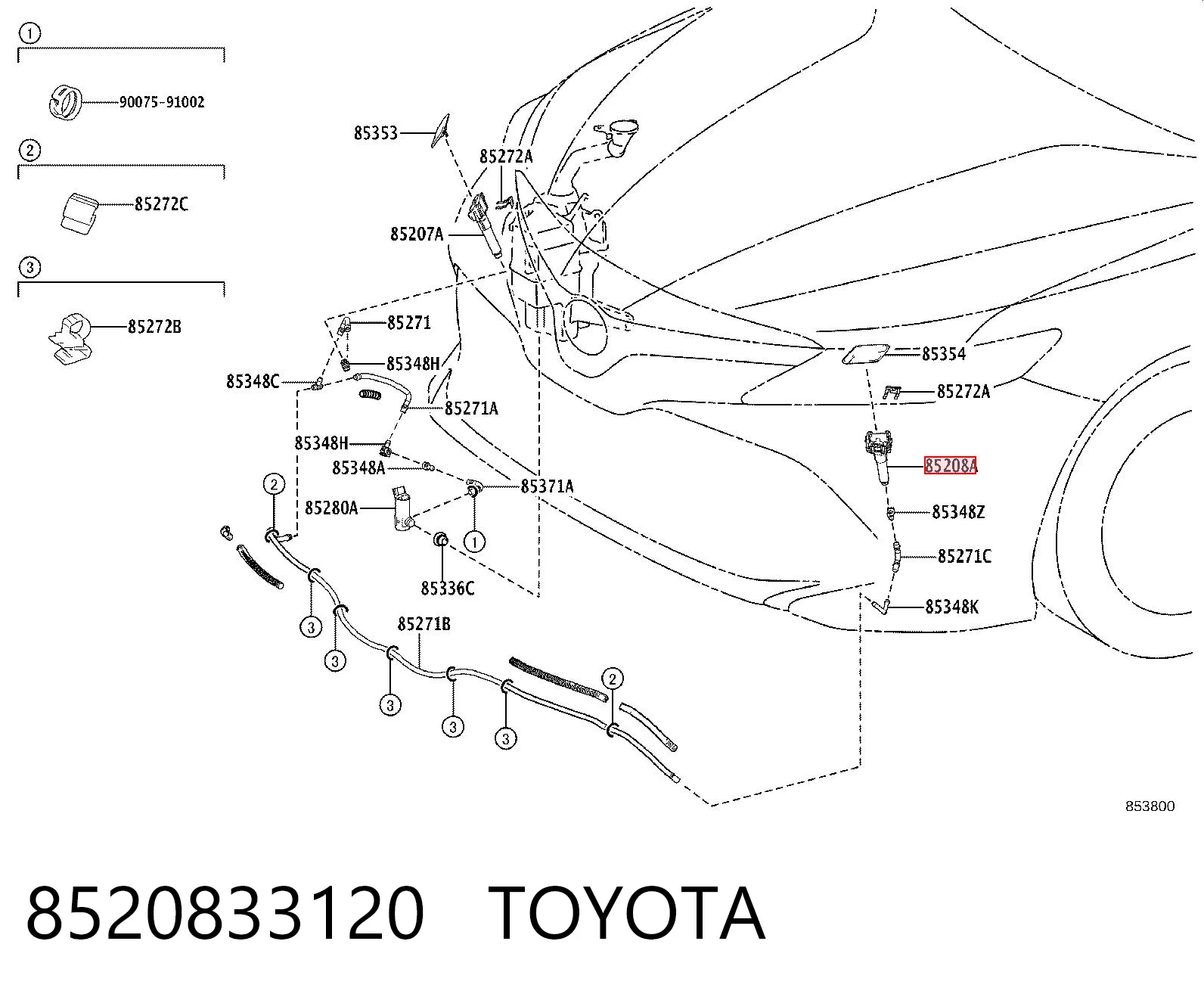 8520833120 Toyota Soporte de inyector del lavafaros (cilindro elevador)