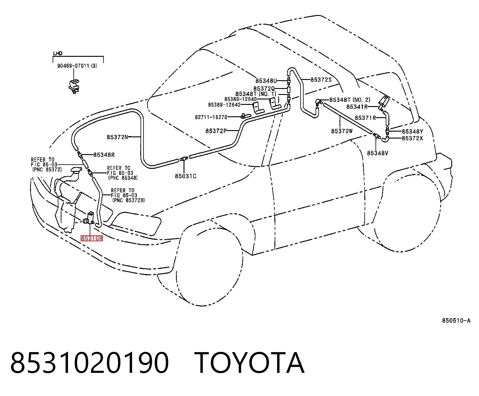8531020190 Toyota Bomba de agua de lavado, lavado de parabrisas, delantera