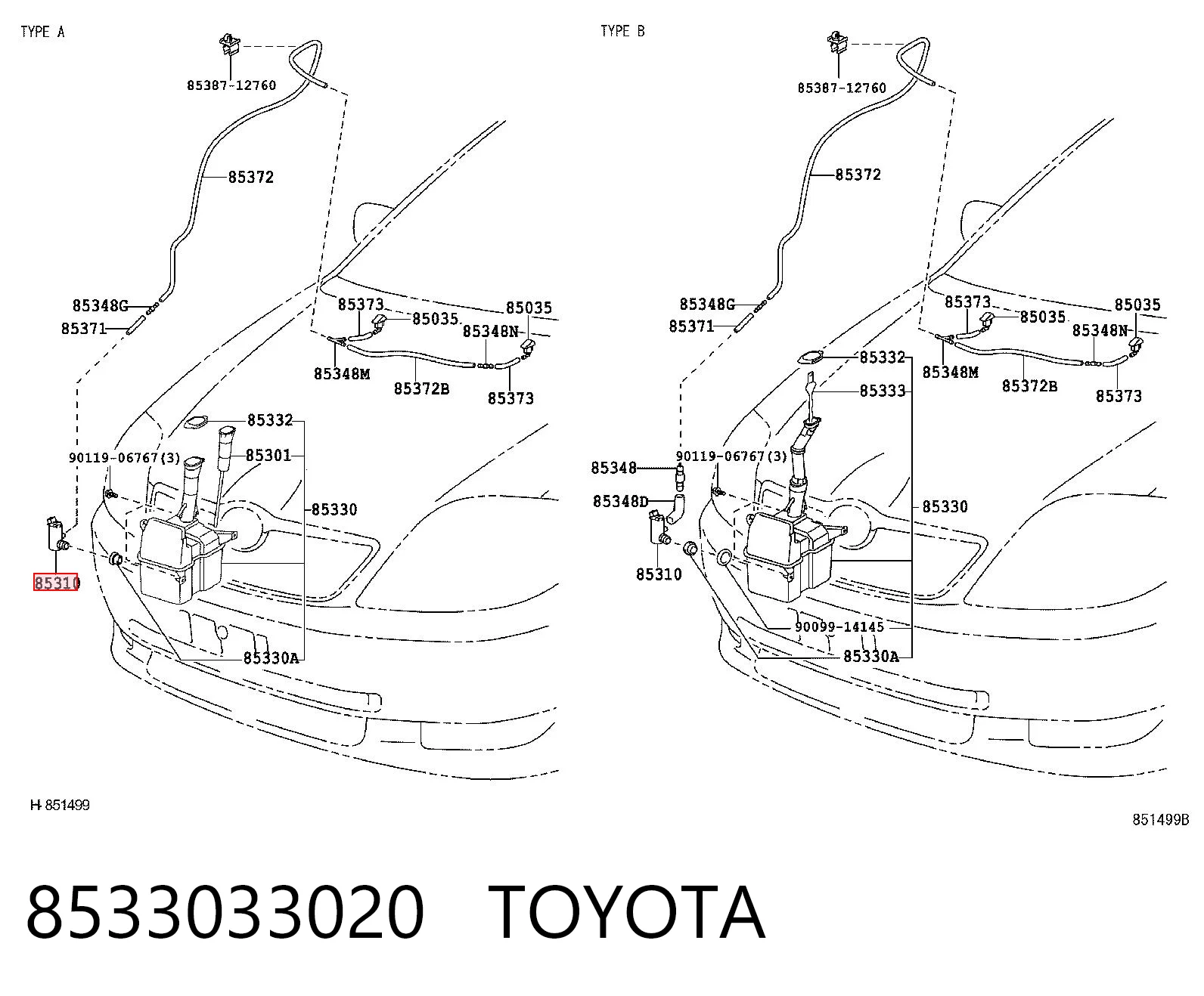 8533033020 Toyota Bomba de agua de lavado, lavado de parabrisas, delantera