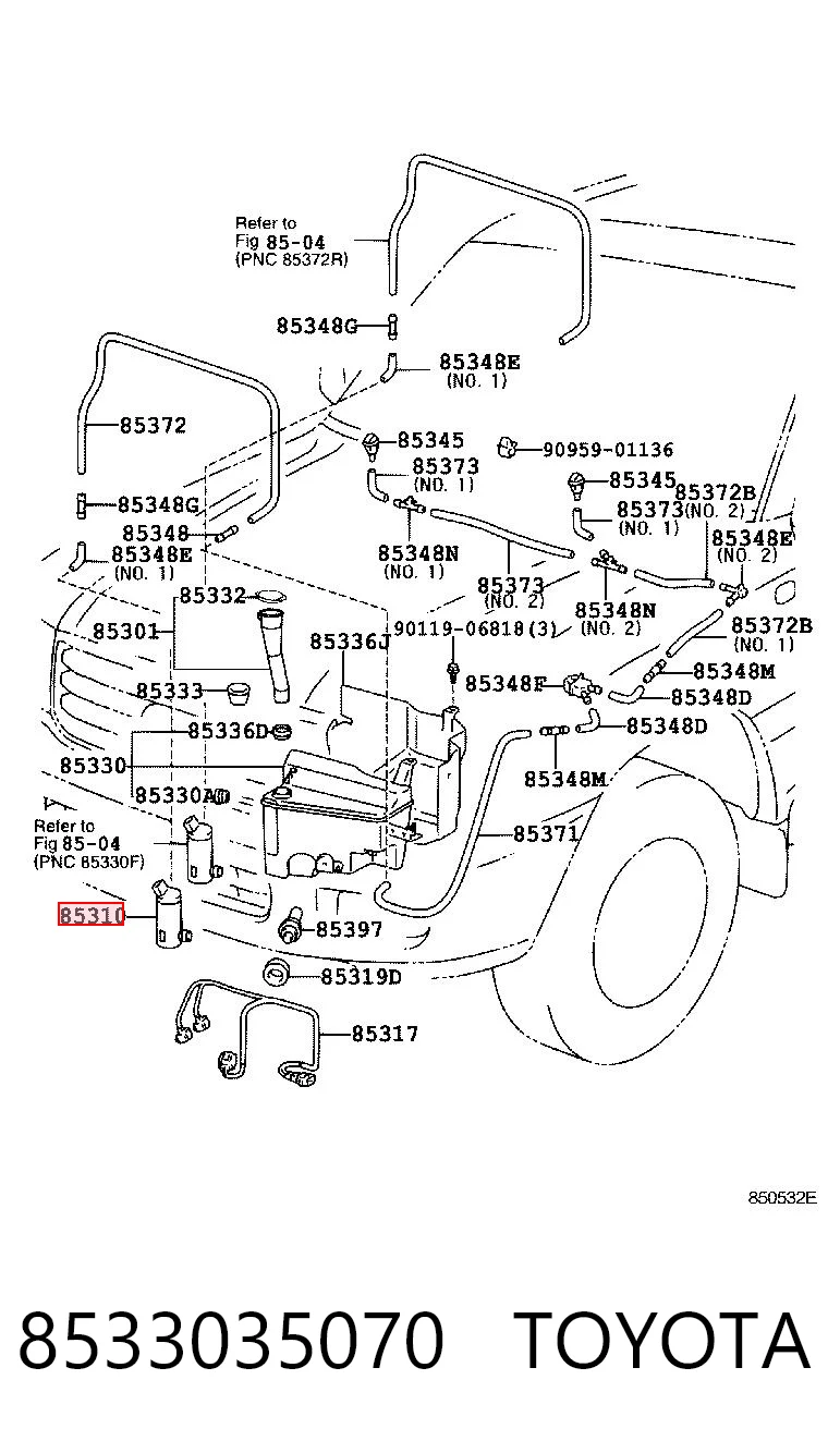 8533035070 Toyota Bomba de agua de lavado, lavado de parabrisas, delantera