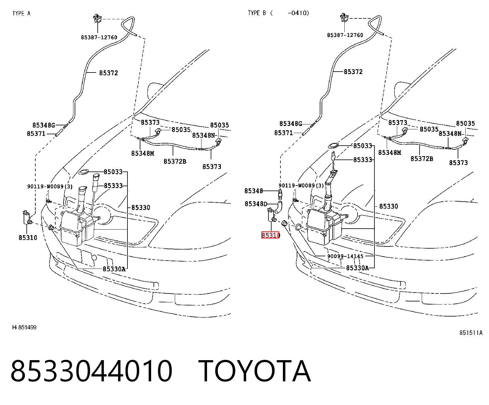 8533044010 Toyota Bomba de agua de lavado, lavado de parabrisas, delantera