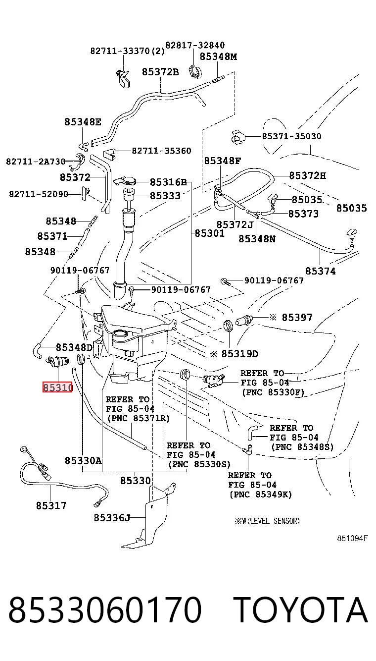 8533060170 Toyota Bomba de agua de lavado, lavado de parabrisas, delantera